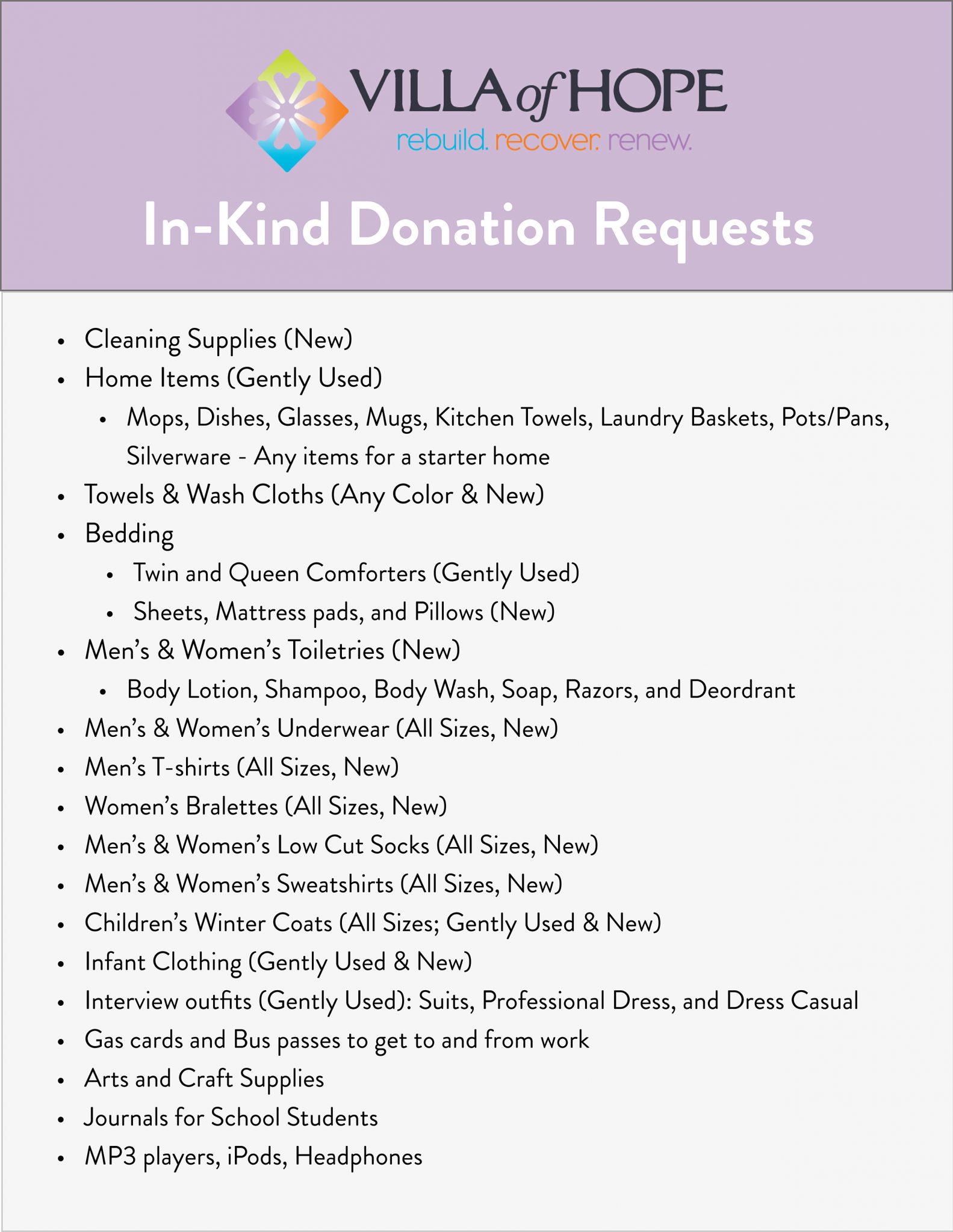 InKind Donation List & Volunteer Opportunities with Villa of Hope